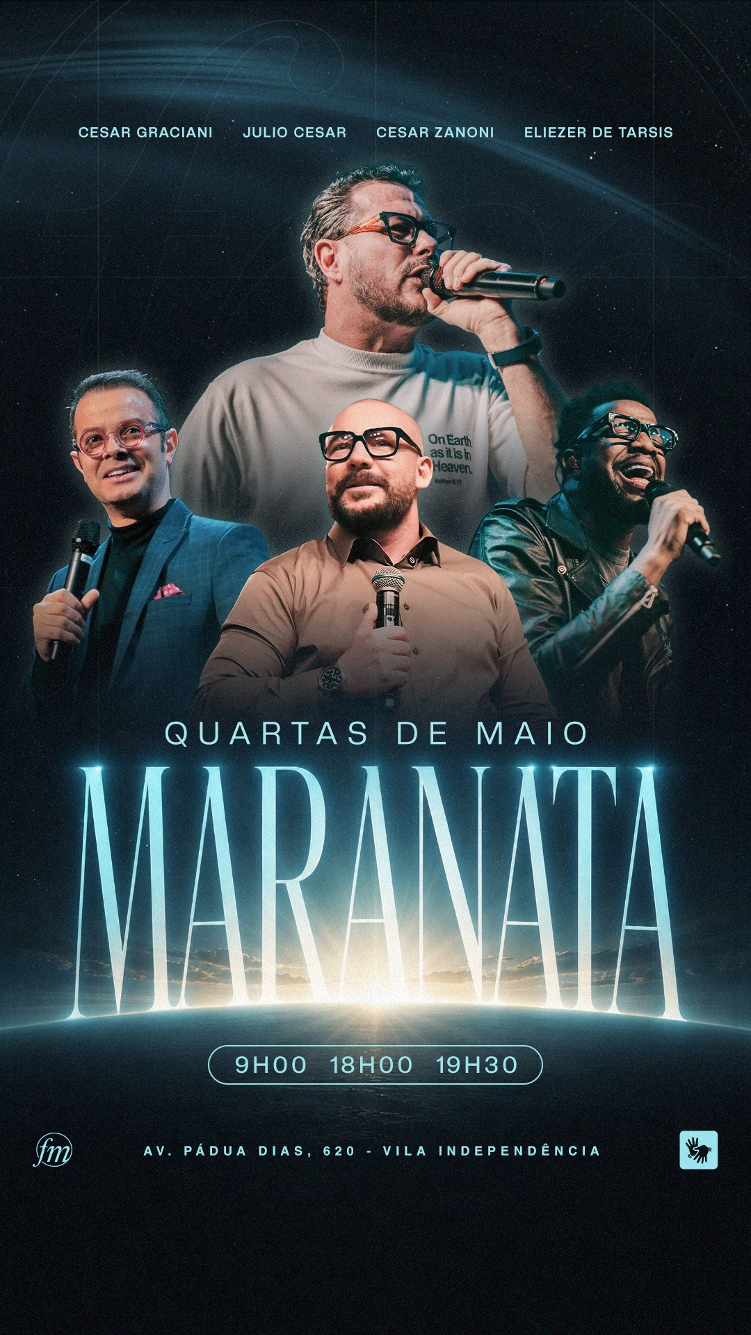 Arte para “Quartas de Maio — Maranata”, com composição de fotografias de participantes e tipografia luminosa em azul.