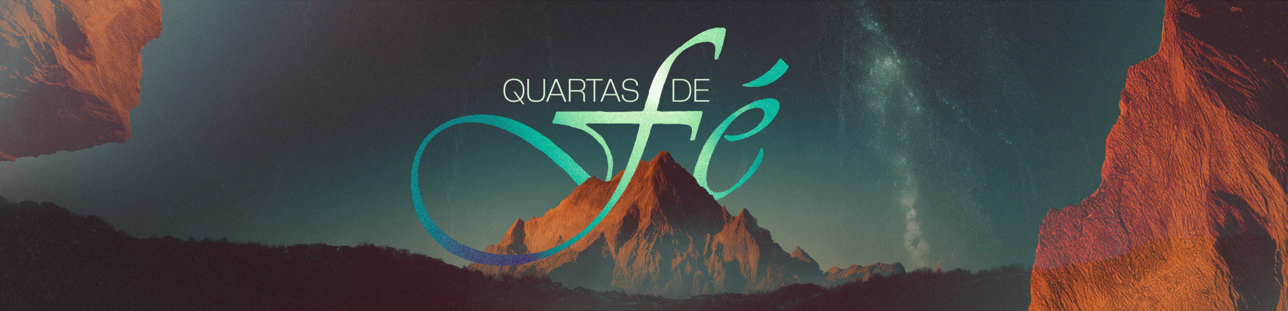 Arte horizontal para telão com o logo Quartas de Fé ao centro e composição de montanhas em azul e terracota.