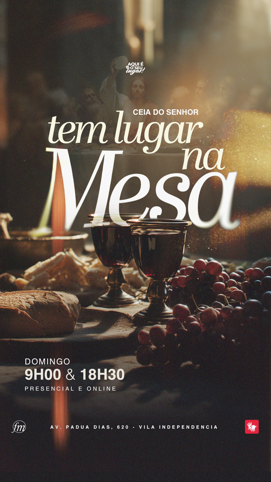 Arte para a Ceia do Senhor com a frase “Tem lugar na mesa” e imagem de uma mesa com pão, uvas e cálice.