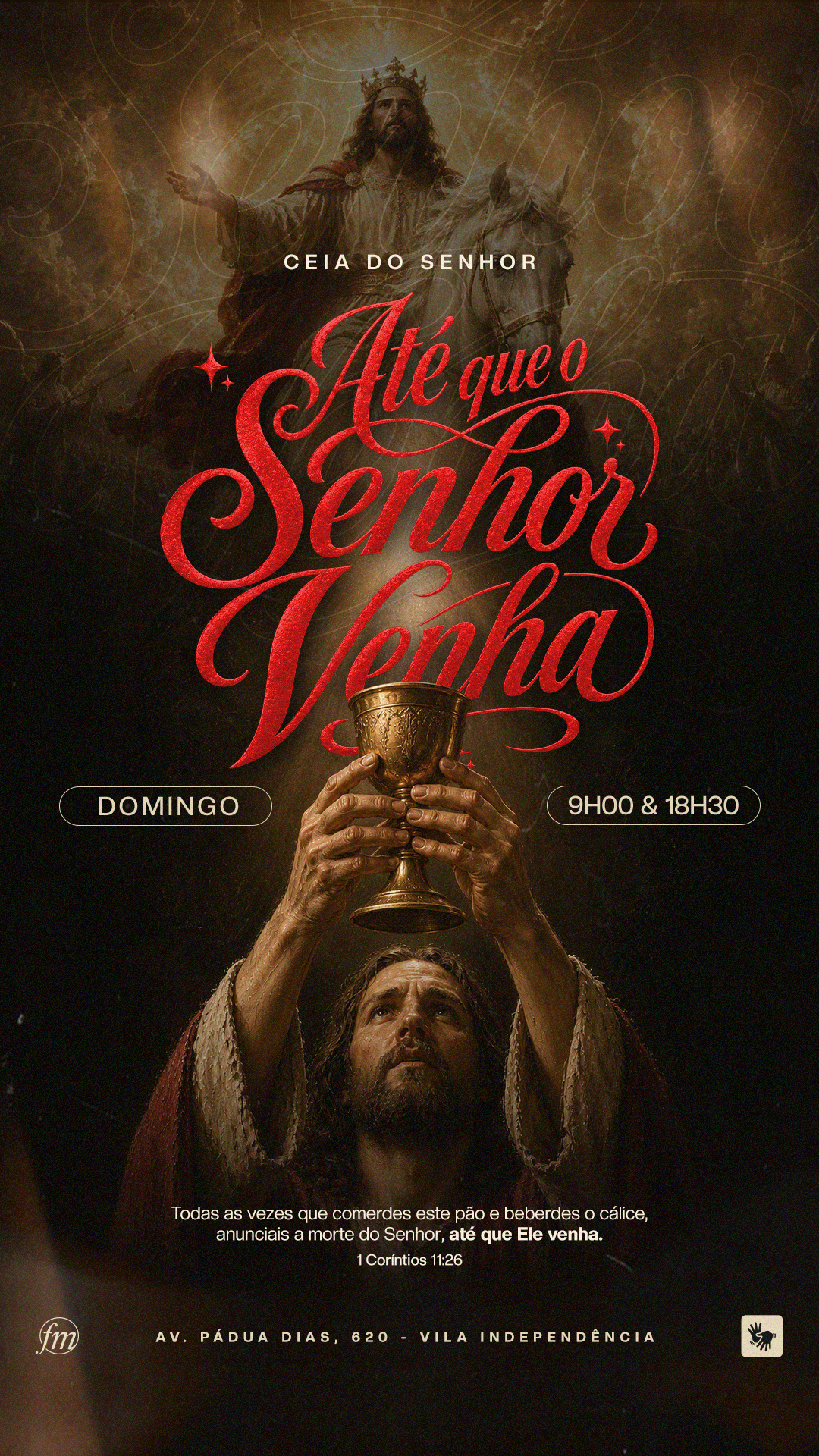 Arte para a Ceia do Senhor com a frase “Até que o Senhor venha”, ilustração de temática bíblica e letras vermelhas sobre fundo dourado.