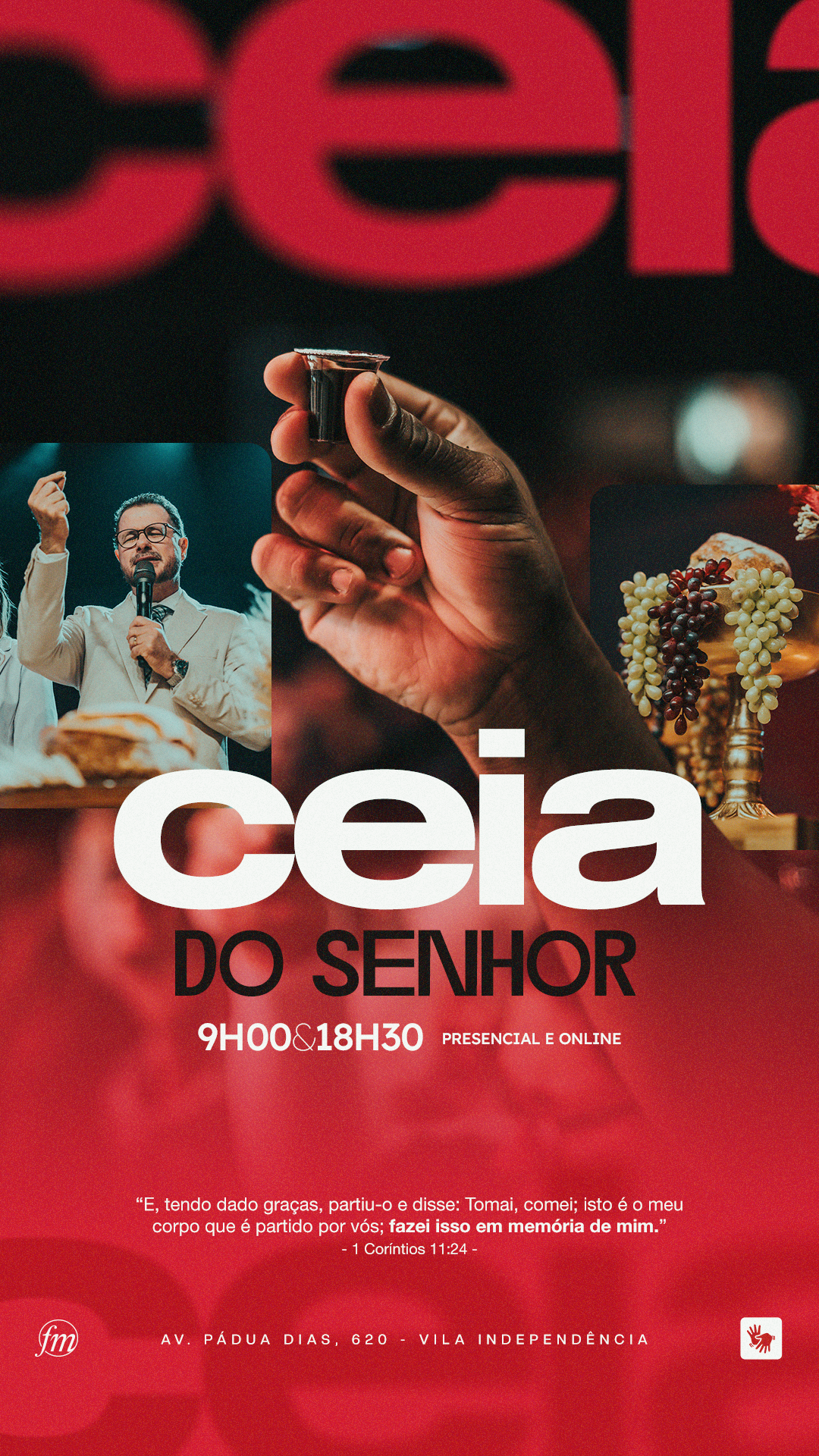Arte para a Ceia do Senhor, com mão segurando pão, cálice e composição tipográfica sobre fundo vermelho.