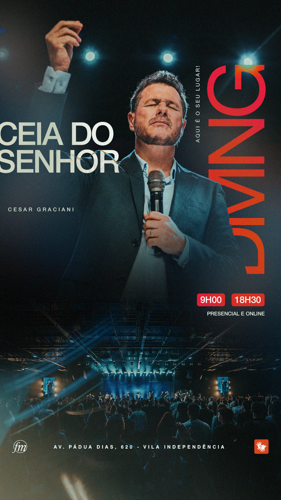 Arte para a Ceia do Senhor, com homem segurando microfone e pão, fotografia da congregação e a palavra “Domingo” na vertical.