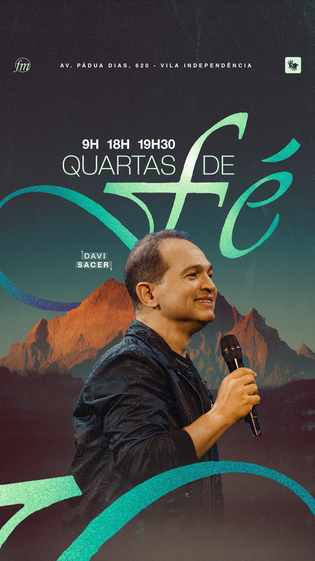 Arte para story de Quartas de Fé, com homem de perfil segurando microfone, logo em azul e verde e montanhas ao fundo.