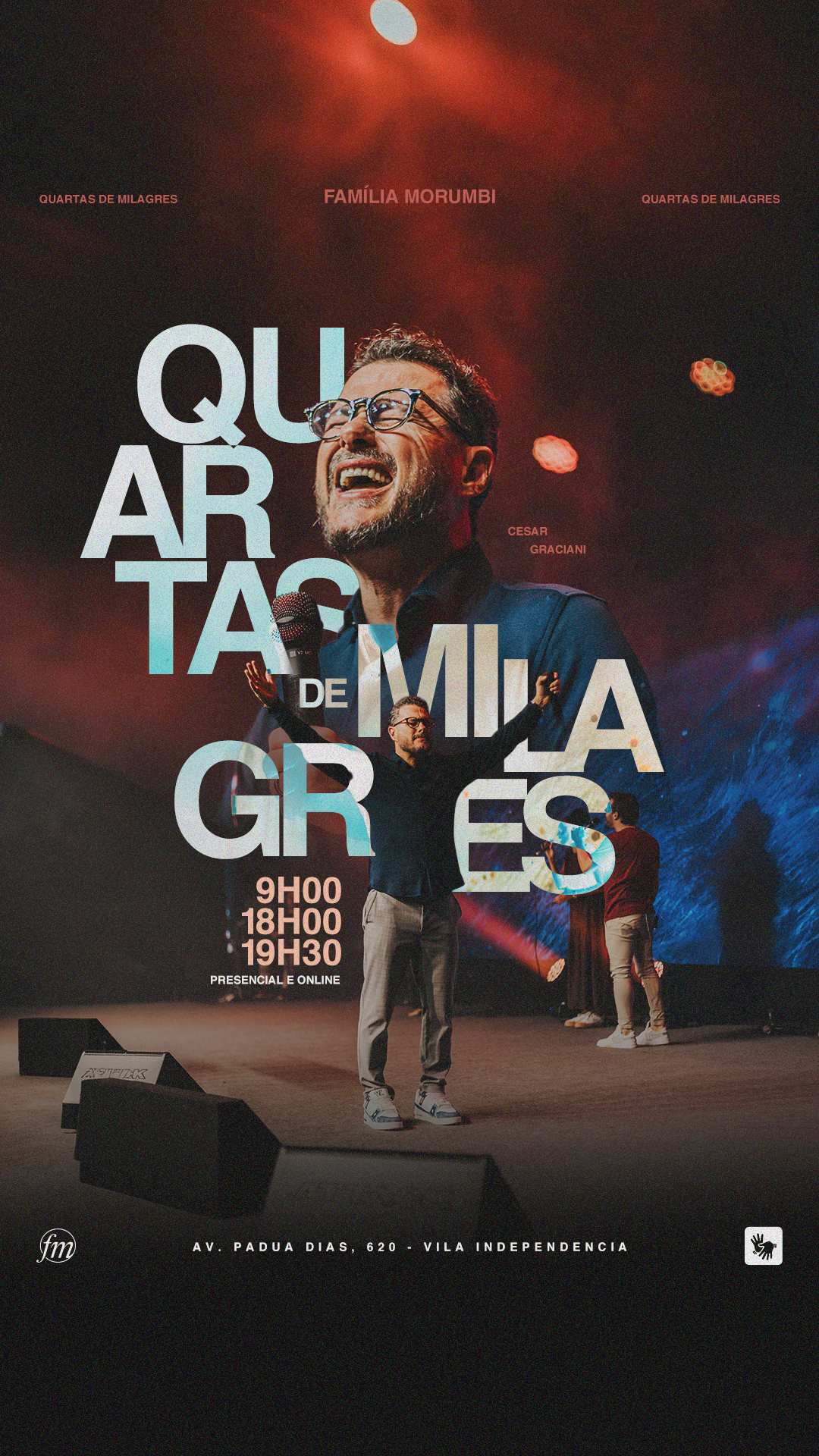 Arte para “Quarta de Milagres”, com fotografias de um homem ao microfone e do palco, em tons escuros e alaranjados.