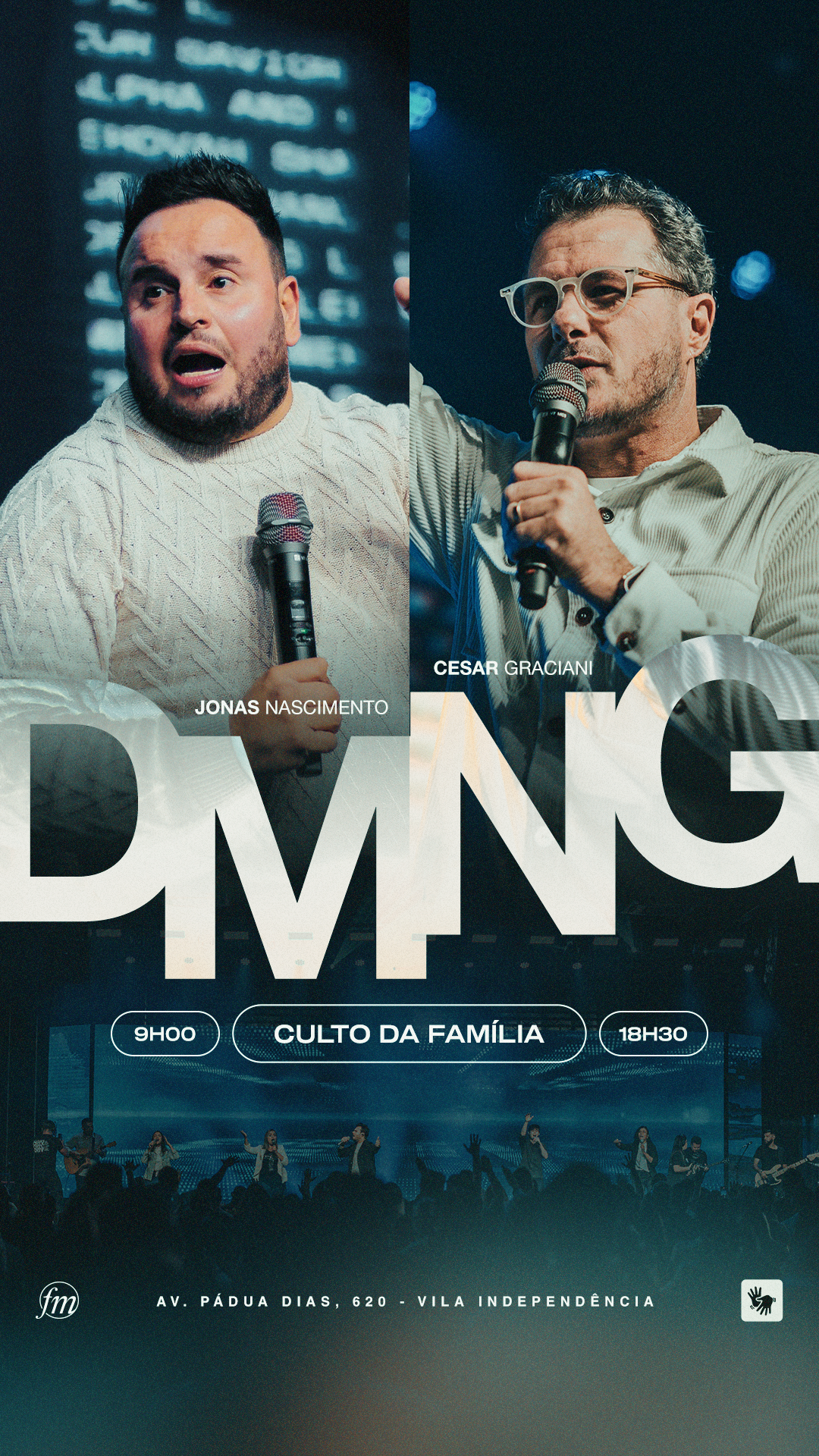 Arte para Culto da Família de domingo, com dois homens ao microfone e tipografia branca sobre fundo azul-escuro.