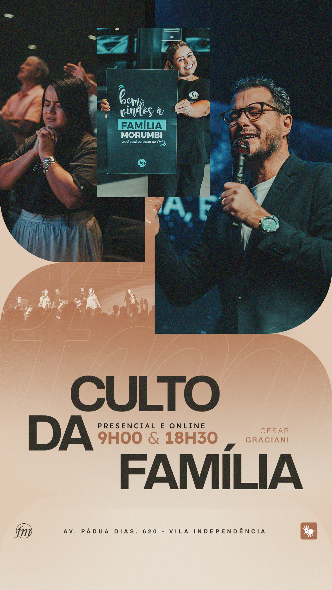 Arte para Culto da Família, com fotografias de participantes e composição em tons de bege e verde-azulado.