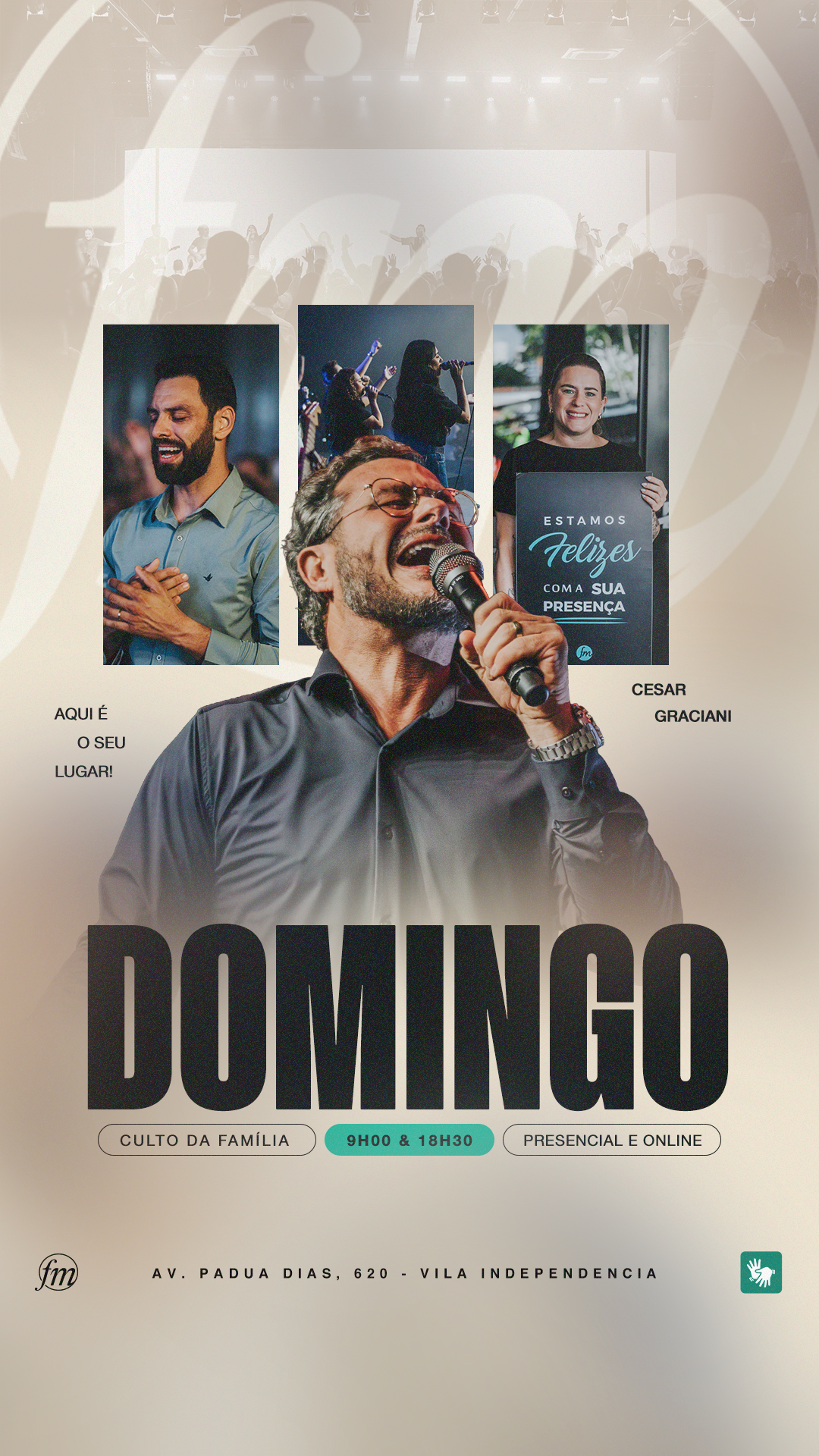 Arte para culto de domingo, com fotografias de participantes, destaque para um homem ao microfone e fundo bege.
