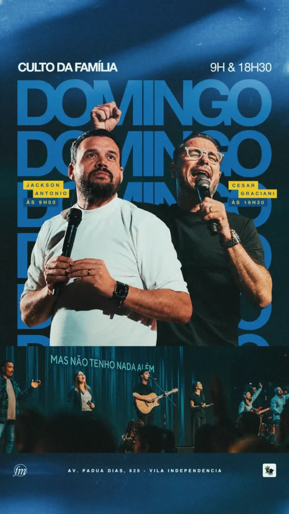 Arte para Culto da Família de domingo, com dois homens ao microfone, fotografias do culto e letras azuis com detalhes amarelos.