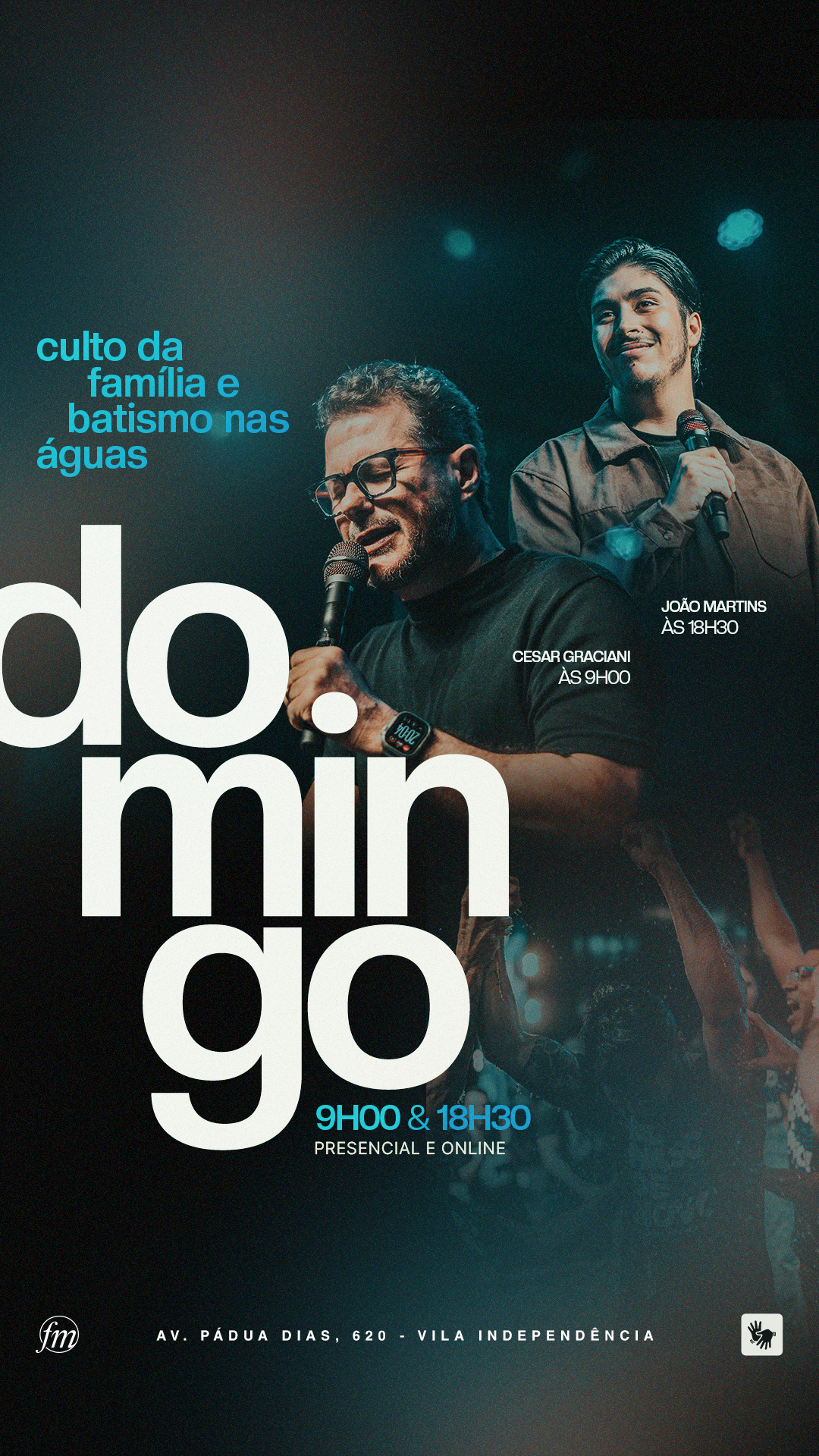 Arte de domingo para Culto da Família e batismo nas águas, com fotografias de participantes e título branco dividido em três linhas.