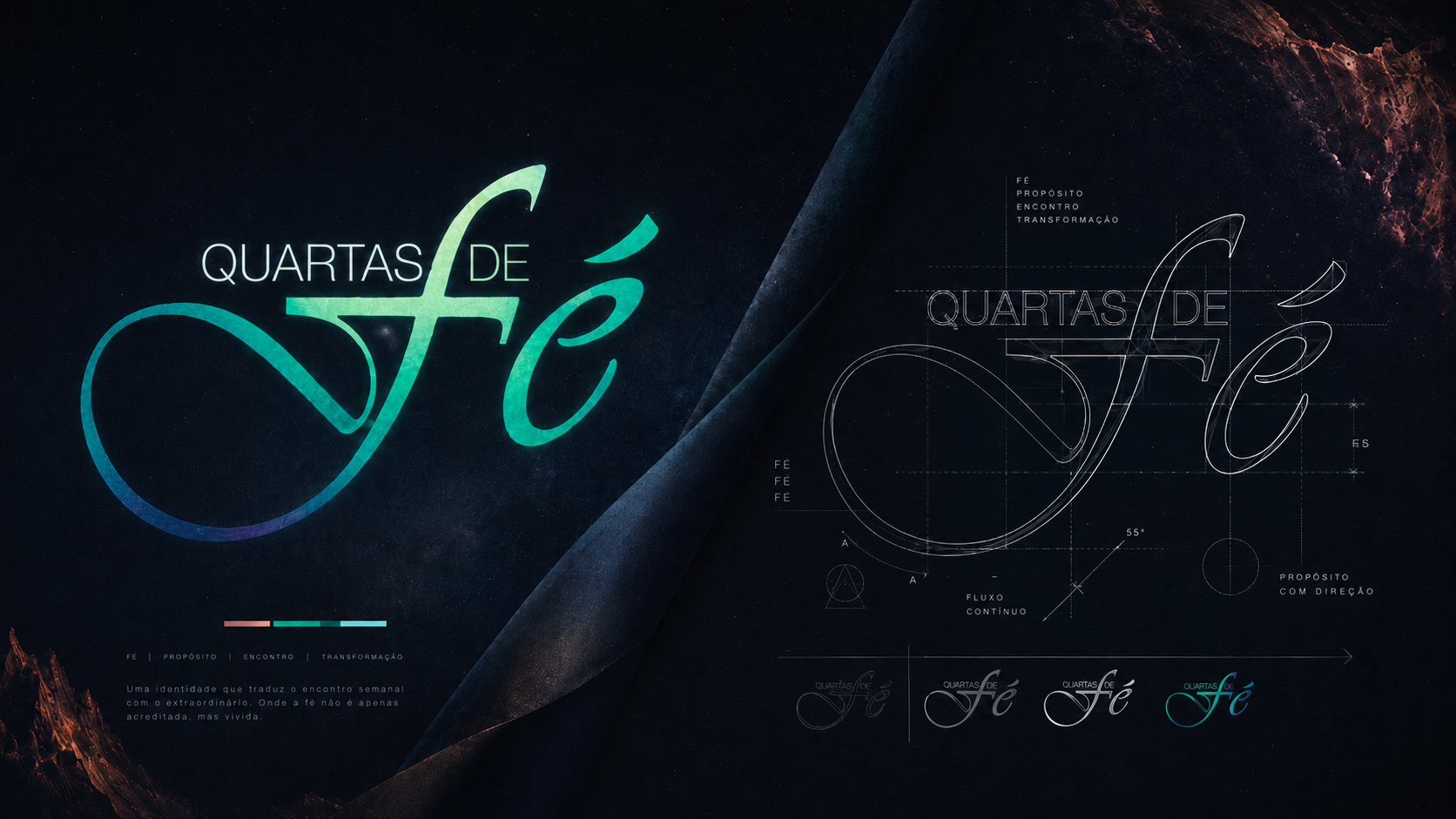 Apresentação do logo Quartas de Fé em azul e verde, com lettering da palavra Fé e estudo de construção da marca sobre fundo escuro.