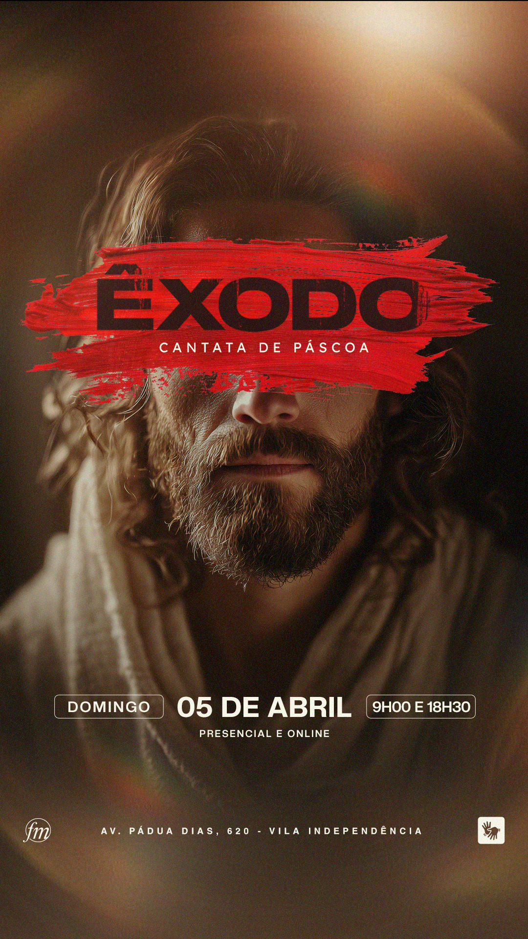 Arte para a cantata de Páscoa “Êxodo”, com personagem bíblico e título vermelho sobre o rosto.