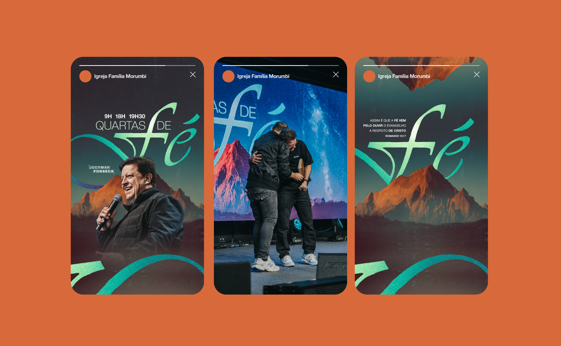 Três mockups de stories do Instagram com a identidade Quartas de Fé, incluindo artes de divulgação e registro de um encontro, sobre fundo terracota.