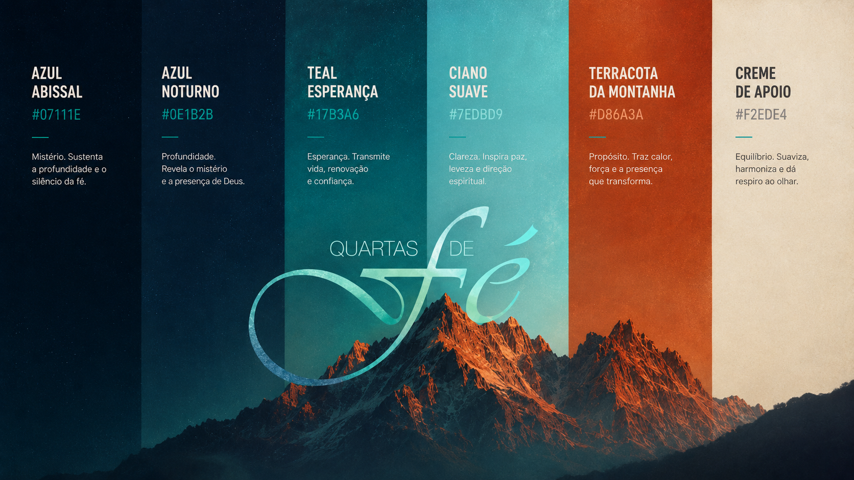 Paleta da identidade visual Quartas de Fé, com tons de azul, verde, ciano, terracota e creme, aplicada a uma composição com montanhas.