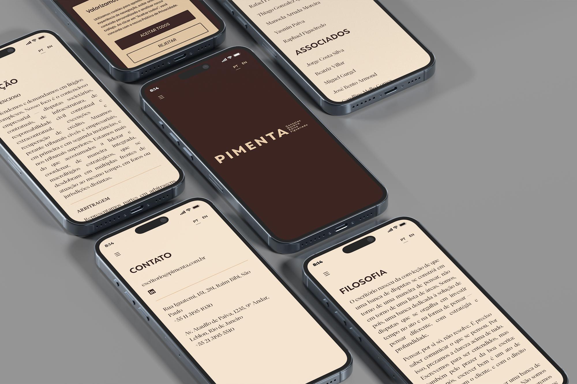 Versão para celular do site Pimenta Advogados, com telas da página inicial e das seções de associados, contato e filosofia, em tons de marrom e bege.